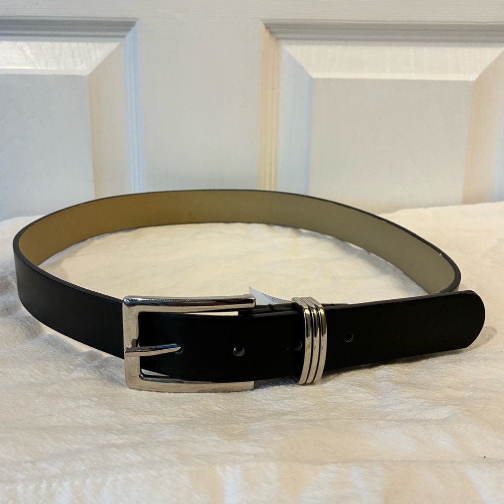 Womens Belt Black Silver Buckle Triple Loop Faux Leather Size Small/Med